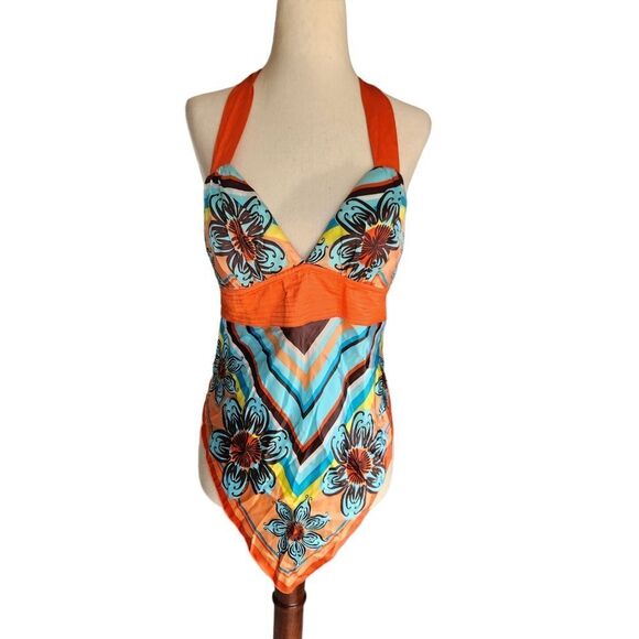 Floral Halter Top - Orange and Blue - Picture 1 of 9